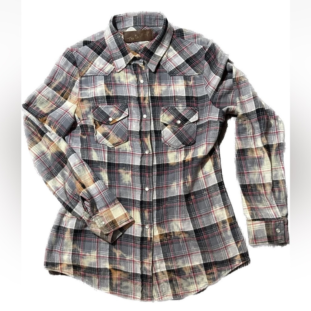 The Nu Vintage Pearl Snap Western Shirt Women M Plaid Bleached Made in US
